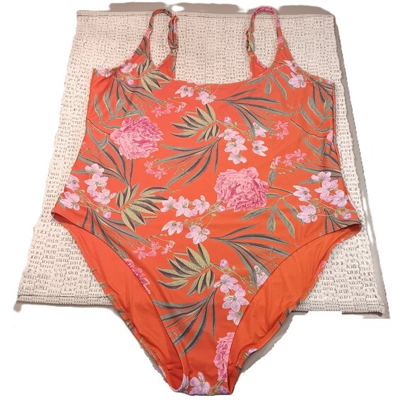 Old Navy women's plus size red orange w/ floral print one piece swimsuit sz 3X - Picture 1 of 15